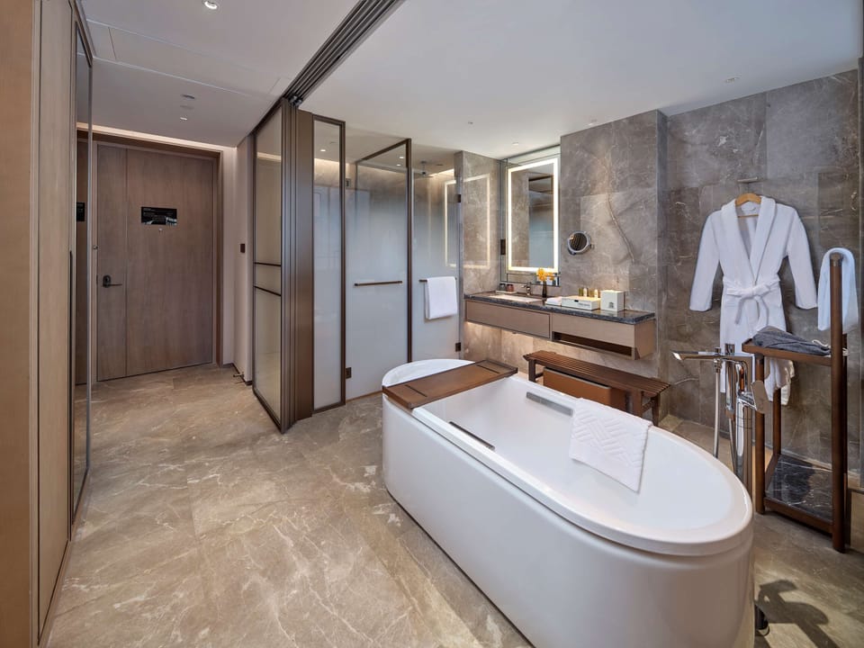 Rainfall showerhead, hair dryer, bathrobes, slippers