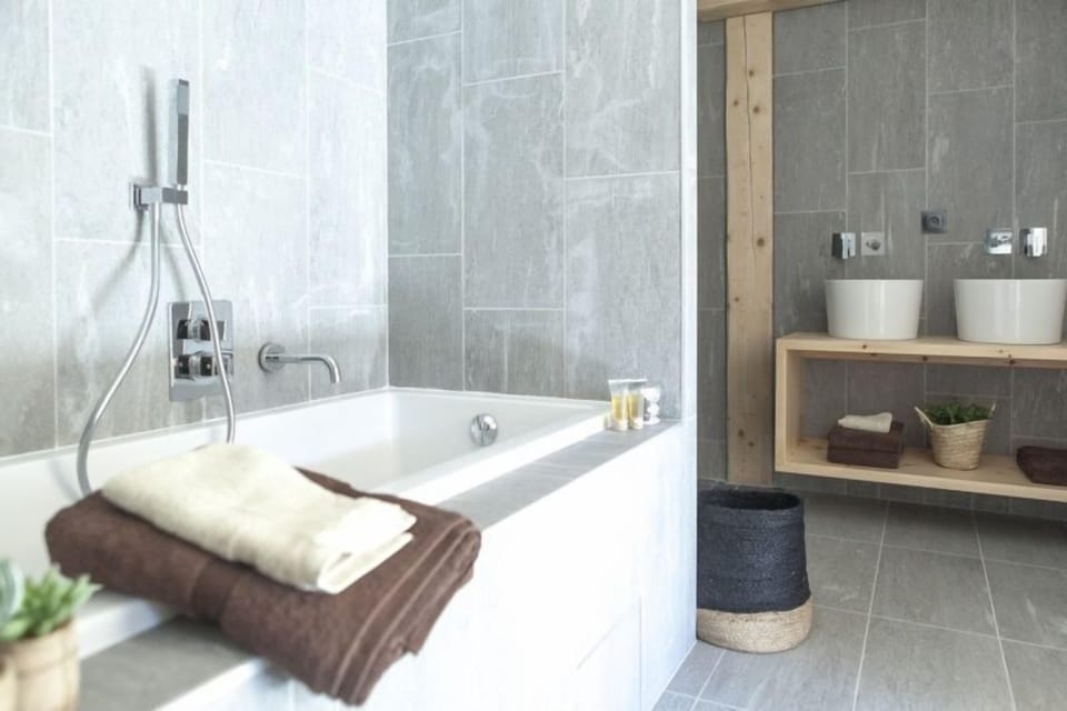 Freshen up in the bathroom after a day of adventure.