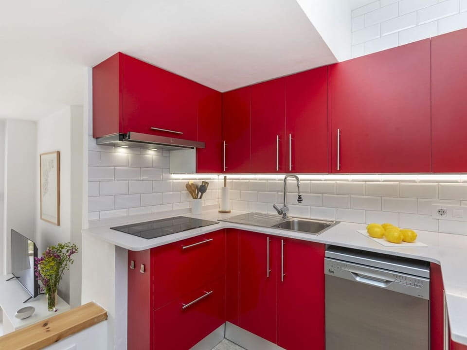 Kitchen, Kitchen Appliance, Countertop, Major Appliance, Red, Flooring, Interior Design, Cabinetry, Sink, Floor