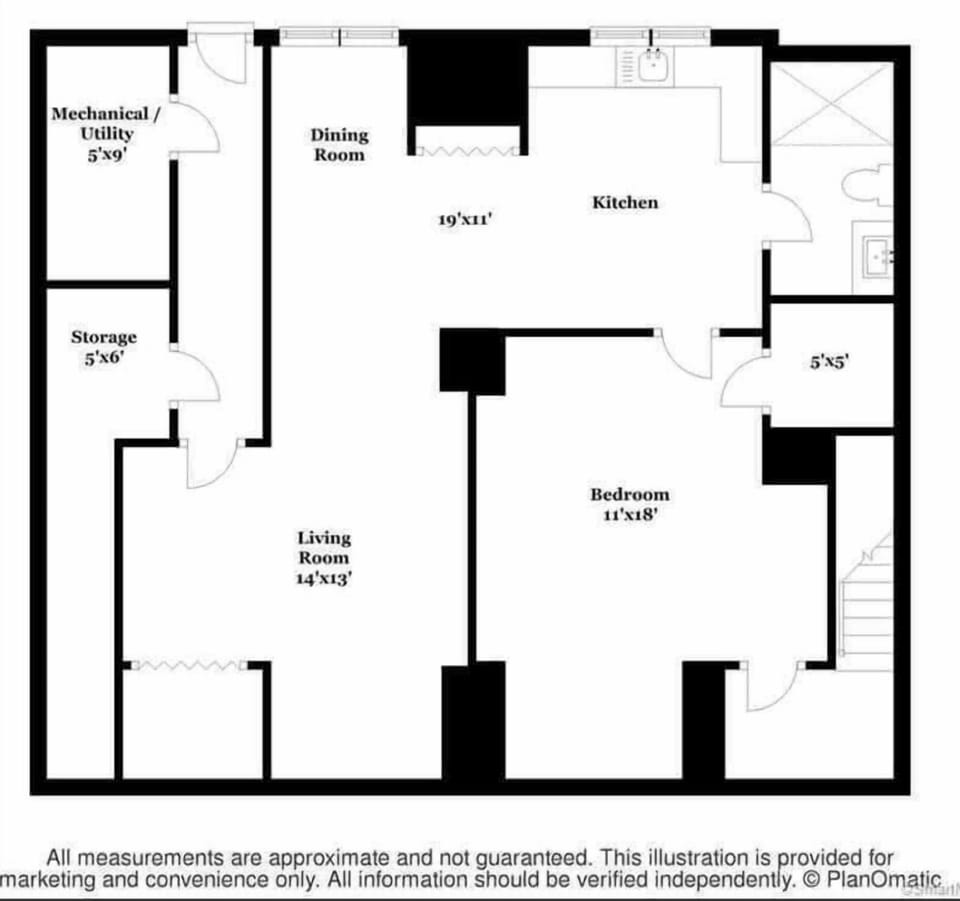 3 Room Floor plan.   TV siting area, desk, and kitchenette.  Then 1 bedroom and an updated bathroom.    Can squeeze 3 or 4 people for a night or 2 with the 2 queen murphy beds.  More comfortable for 2 people for longer stays.  