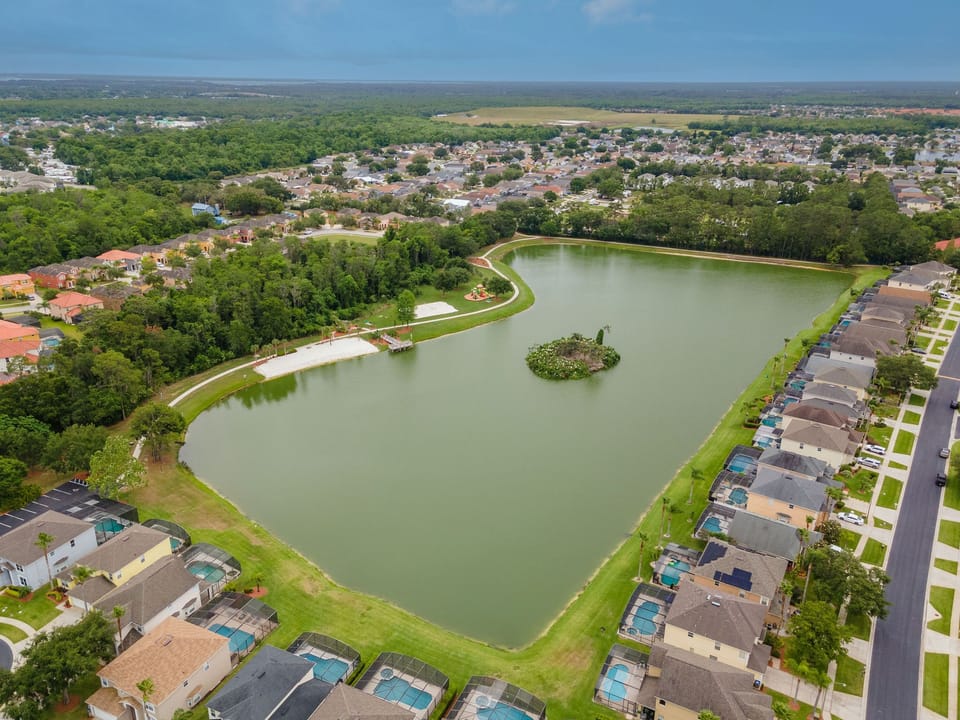 Aerial view of the pond and walking trail