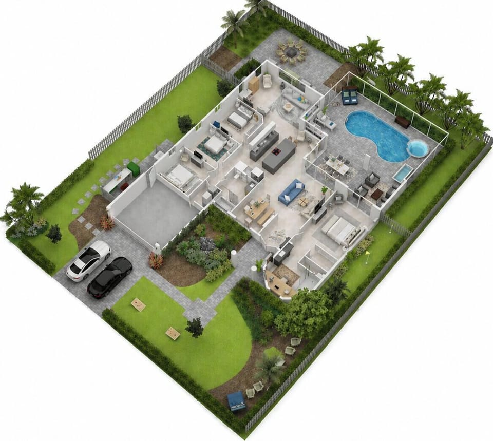 3D floor plan showcasing the open living areas, private bedrooms, and seamless flow to the backyard with pool and patio