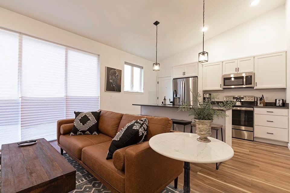 Living area view into kitchen