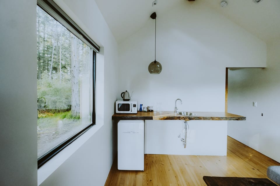 Guesthouse living area with microwave, mini-refrigerator, and fold-down sofa