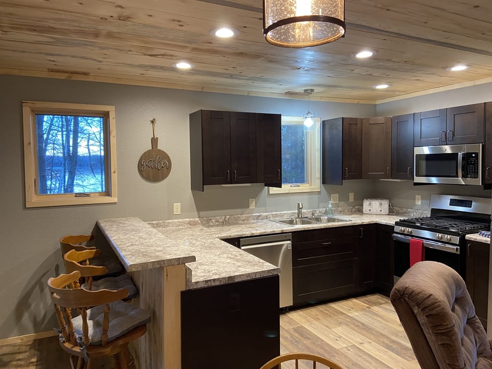 Full size kitchen overlooking Eagle Lake
