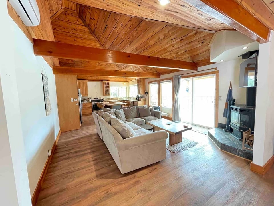 Sectional couch surrounds gas fireplace.