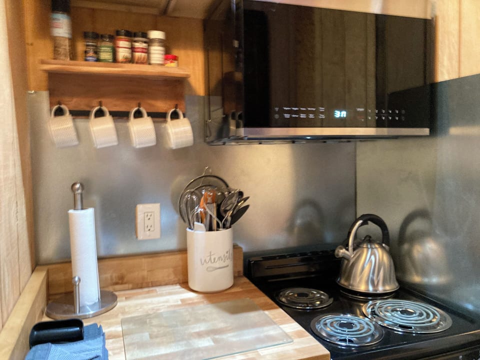 Shared fully equipped kitchen in the rustic room which overlooks the lawn 
