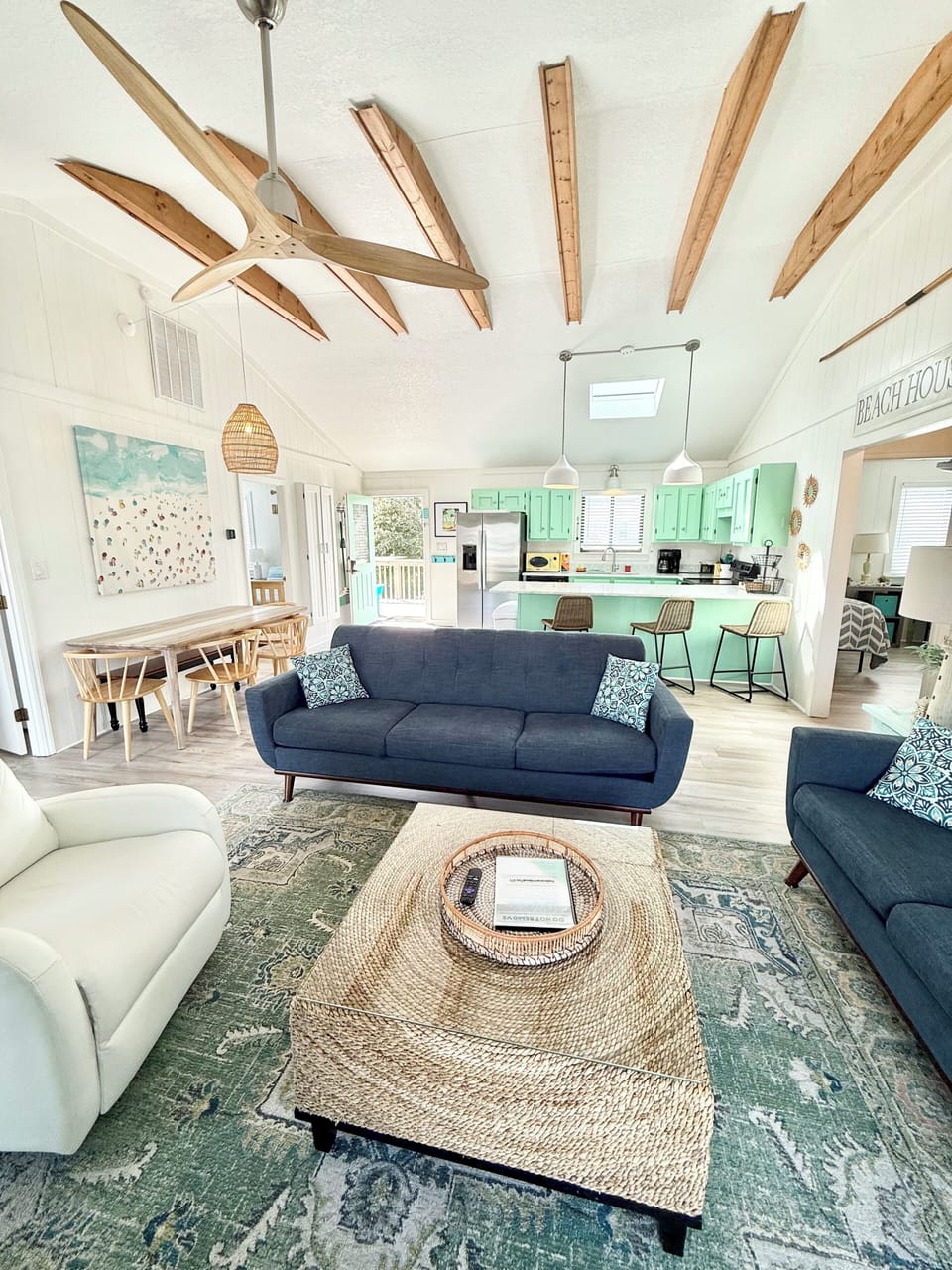 Ample seating with 2 full size sofas and leather recliner.