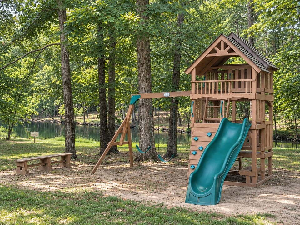 A lakeside playground structure surrounded by mature trees invites families to enjoy outdoor fun in a peaceful natural setting.