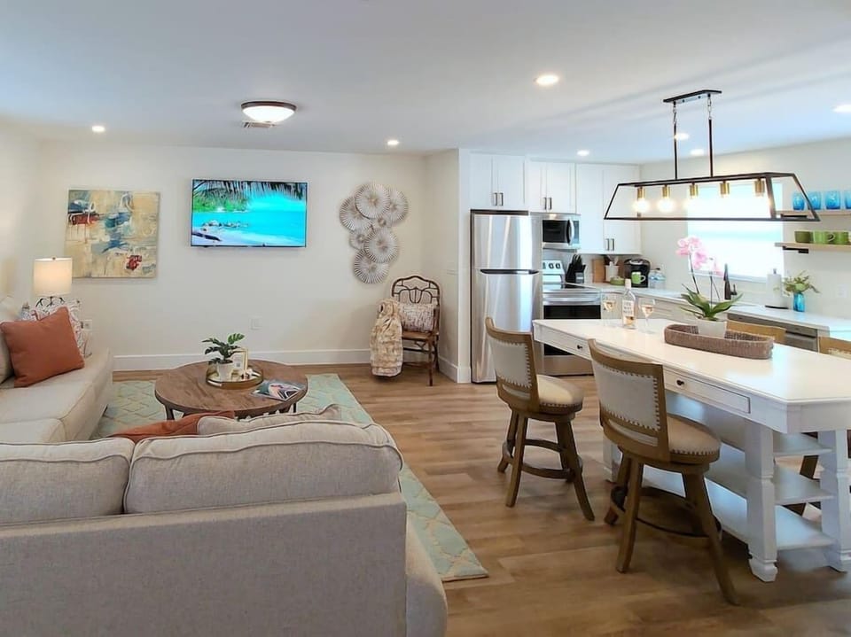 Living room into open kitchen area. 