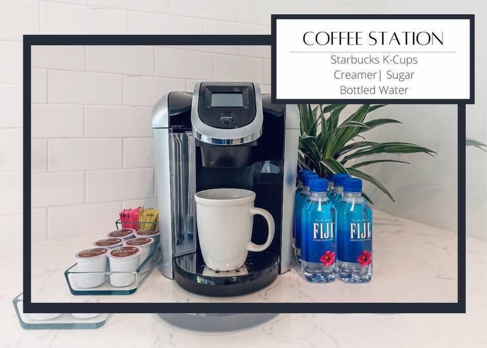 Starter set of k-cups & creamer with bottled water for your walk to the beach.