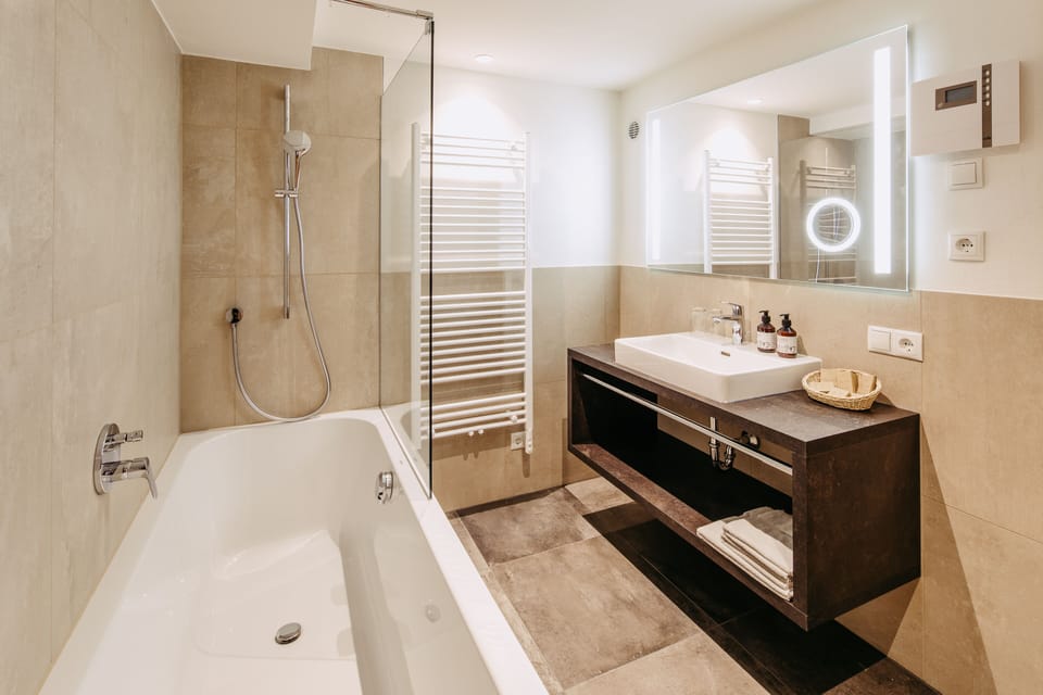 Standard Apartment, Sauna, Mountain View! | Bathroom | Free toiletries, hair dryer, bathrobes, slippers