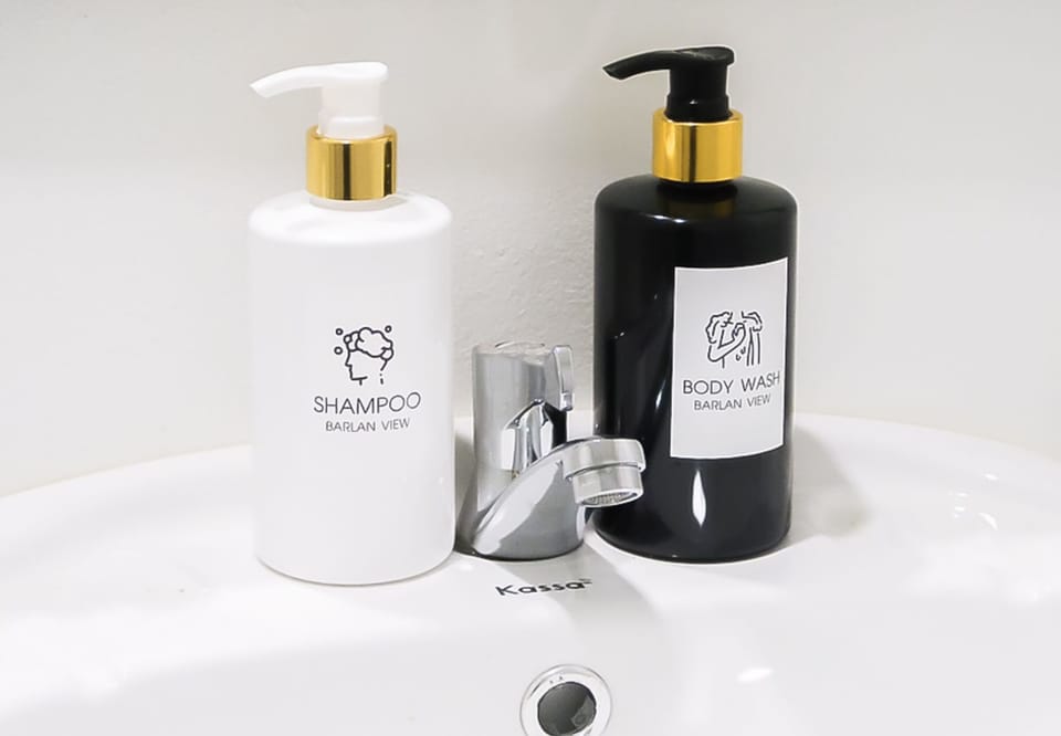 Shower, hydromassage showerhead, designer toiletries, towels
