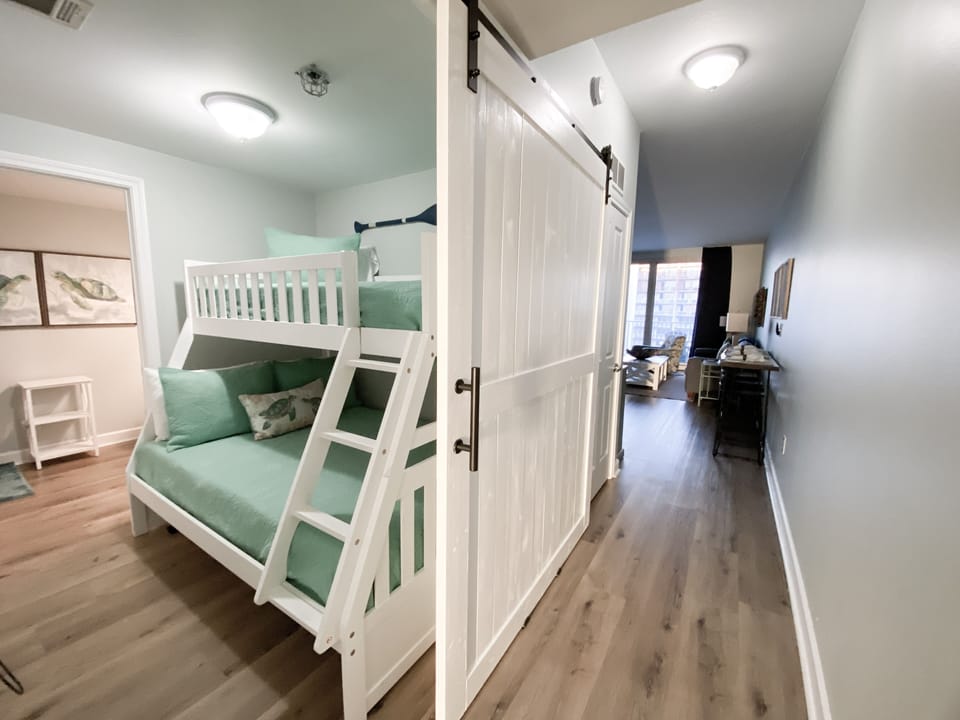 Twin over full bunk bed in the hallway