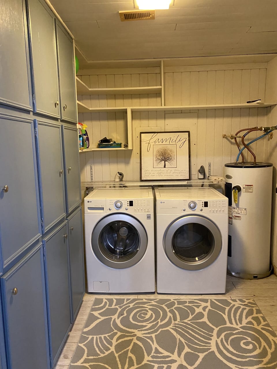 Utility room has lots of pantry space and washer/dryer for use during your stay.