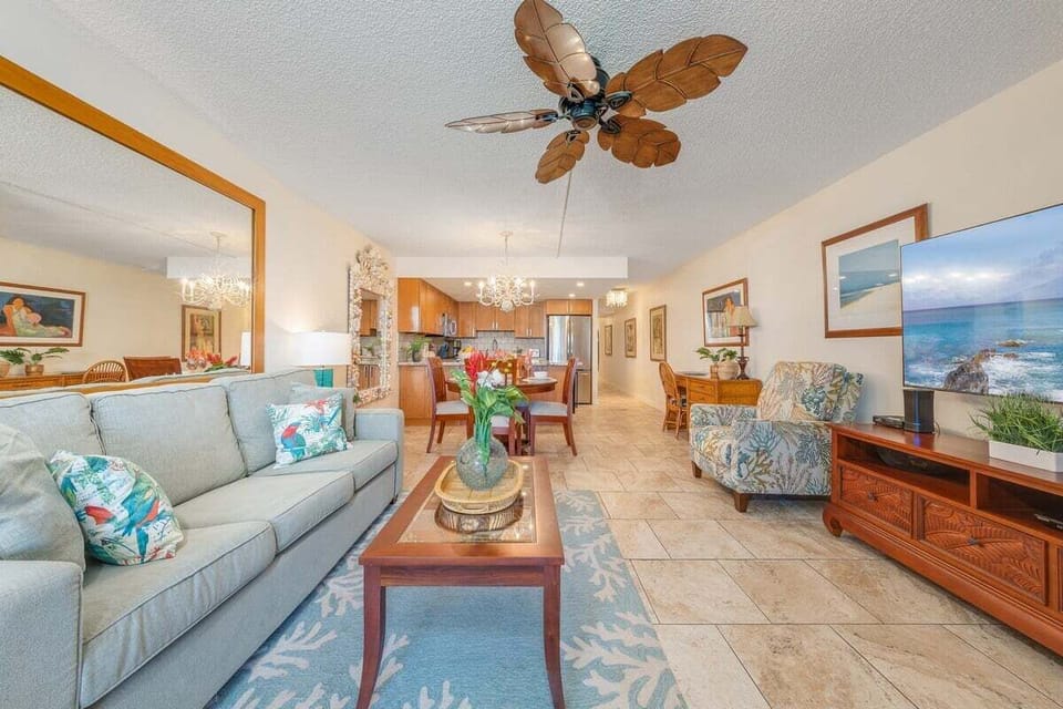 Living area features a comfortable sleeper sofa, perfect for extra guest's sleeping arrangement