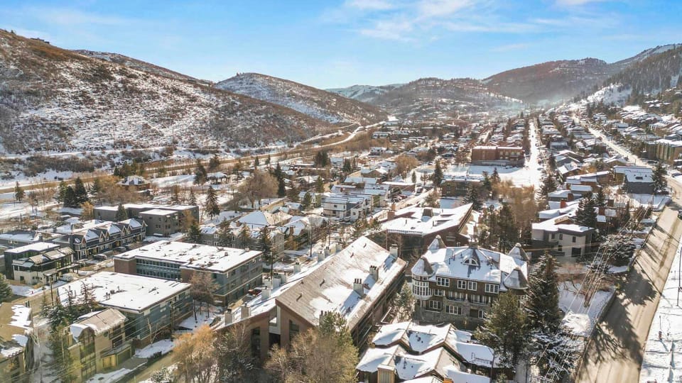 An aerial view over the home and surrounding area which includes Park City Mountain Resort, historic Main Street, and Old Town districts all less than a 5-minute walk from your front door!