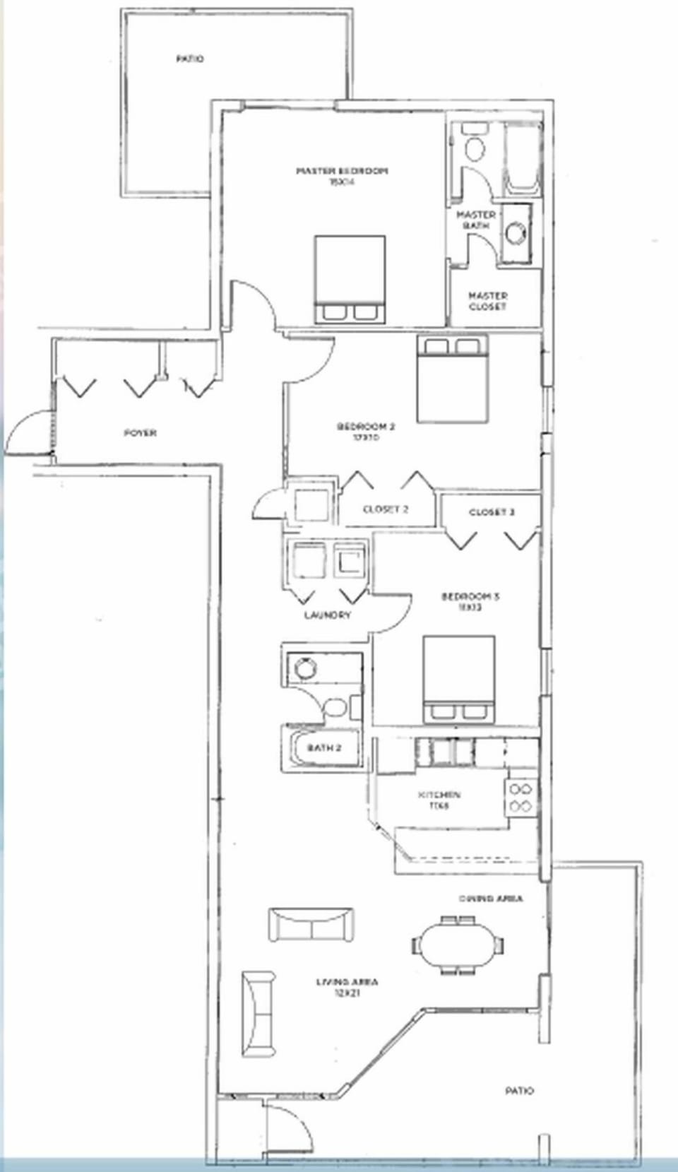 Floor plan showcasing a three-bedroom, two-bath residence with open living and dining areas, plus a breakfast bar