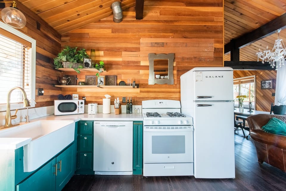 Love this retro fridge, microwave, and toaster for a great vintage touch!