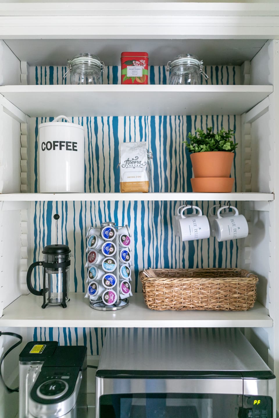 Coffee station- French press, k cup or drip brew.  Cream & sugar provided