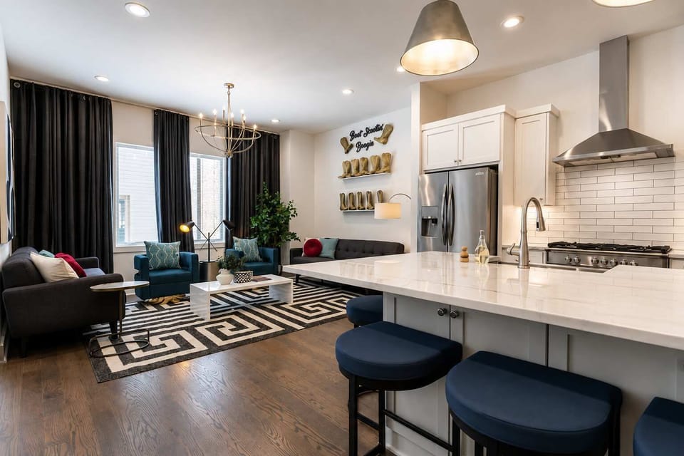Free-flowing kitchen and living space for continuous chats.