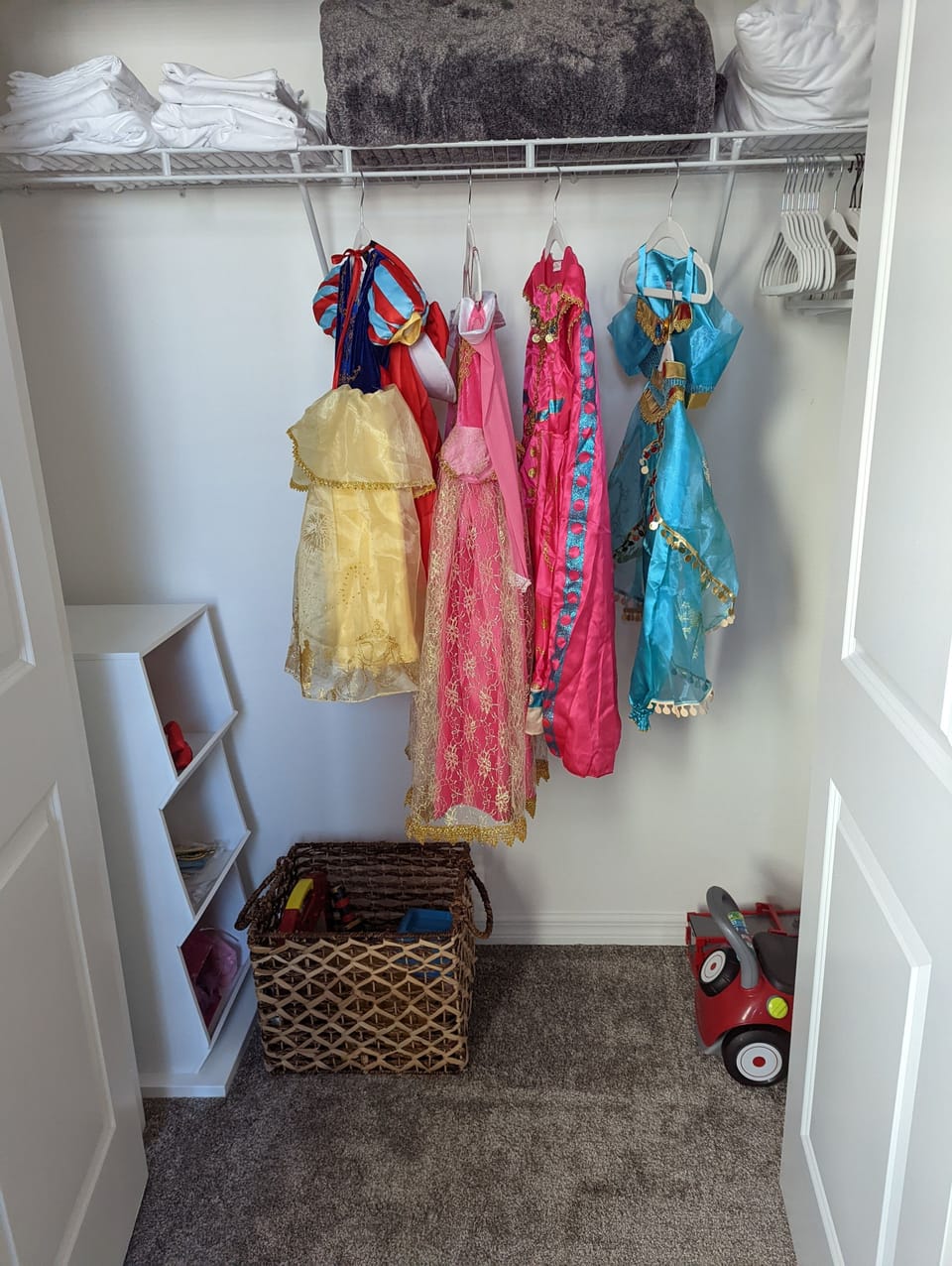 Closet full of toys, books, and dress up costumes for the kids!