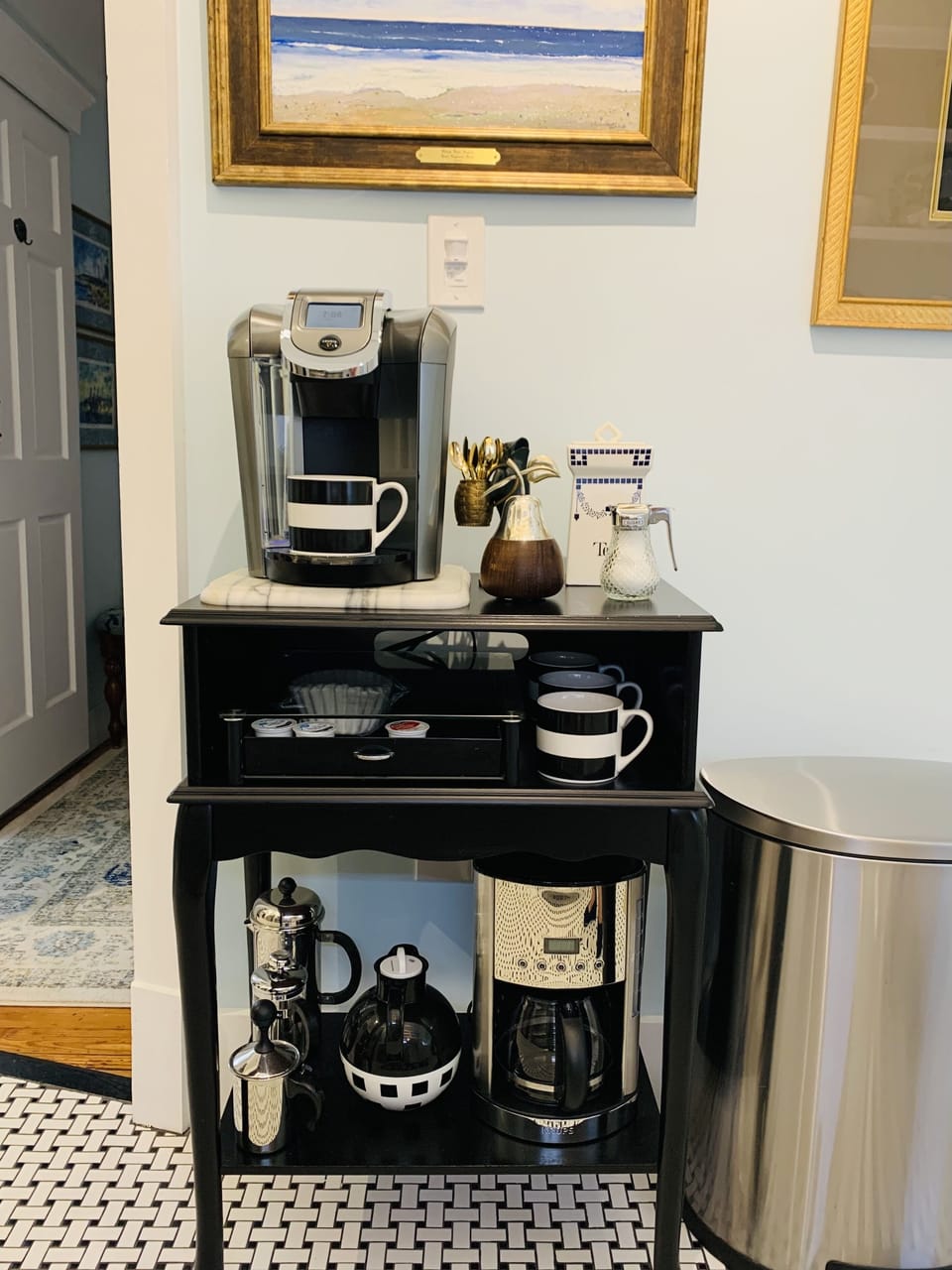 Keurig & regular drip coffee maker, french press, & milk frother.