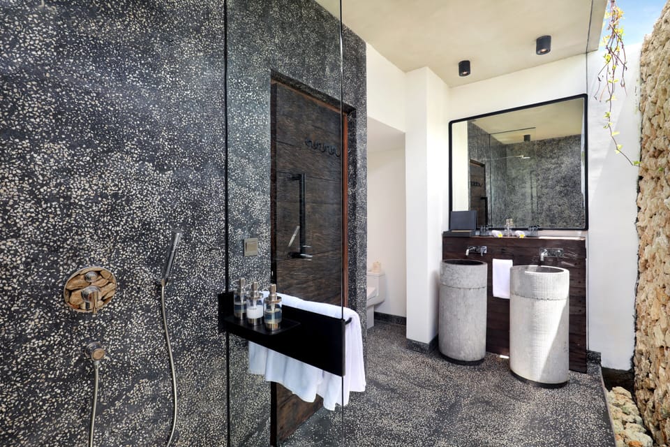 Shower, rainfall showerhead, hair dryer, bathrobes
