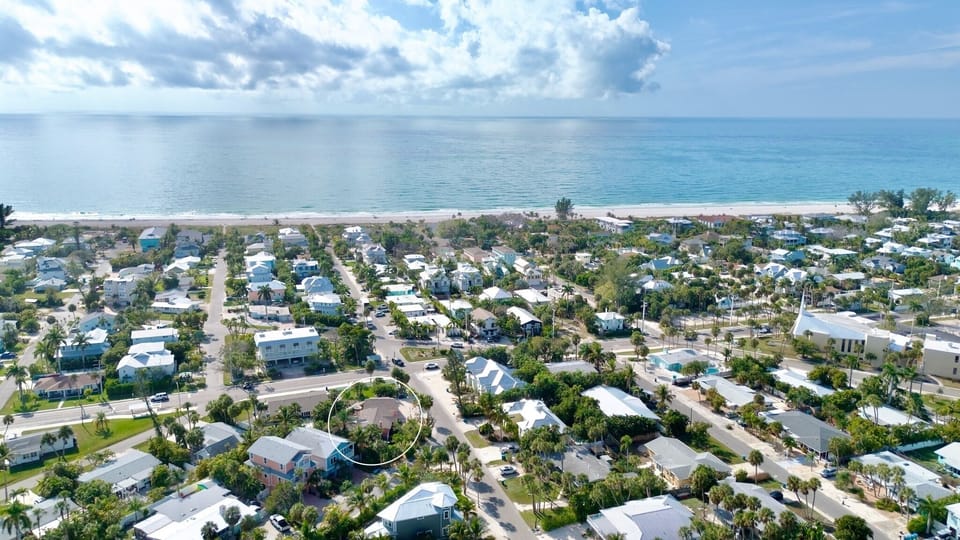 Aerial view of a charming beachfront community with tropical homes nestled between palm trees and pristine coastline.