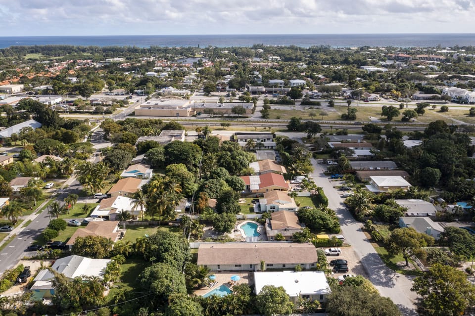 Aerial neighborhood view.  Just a 4 minute drive to the beach and Atlantic Ave.
