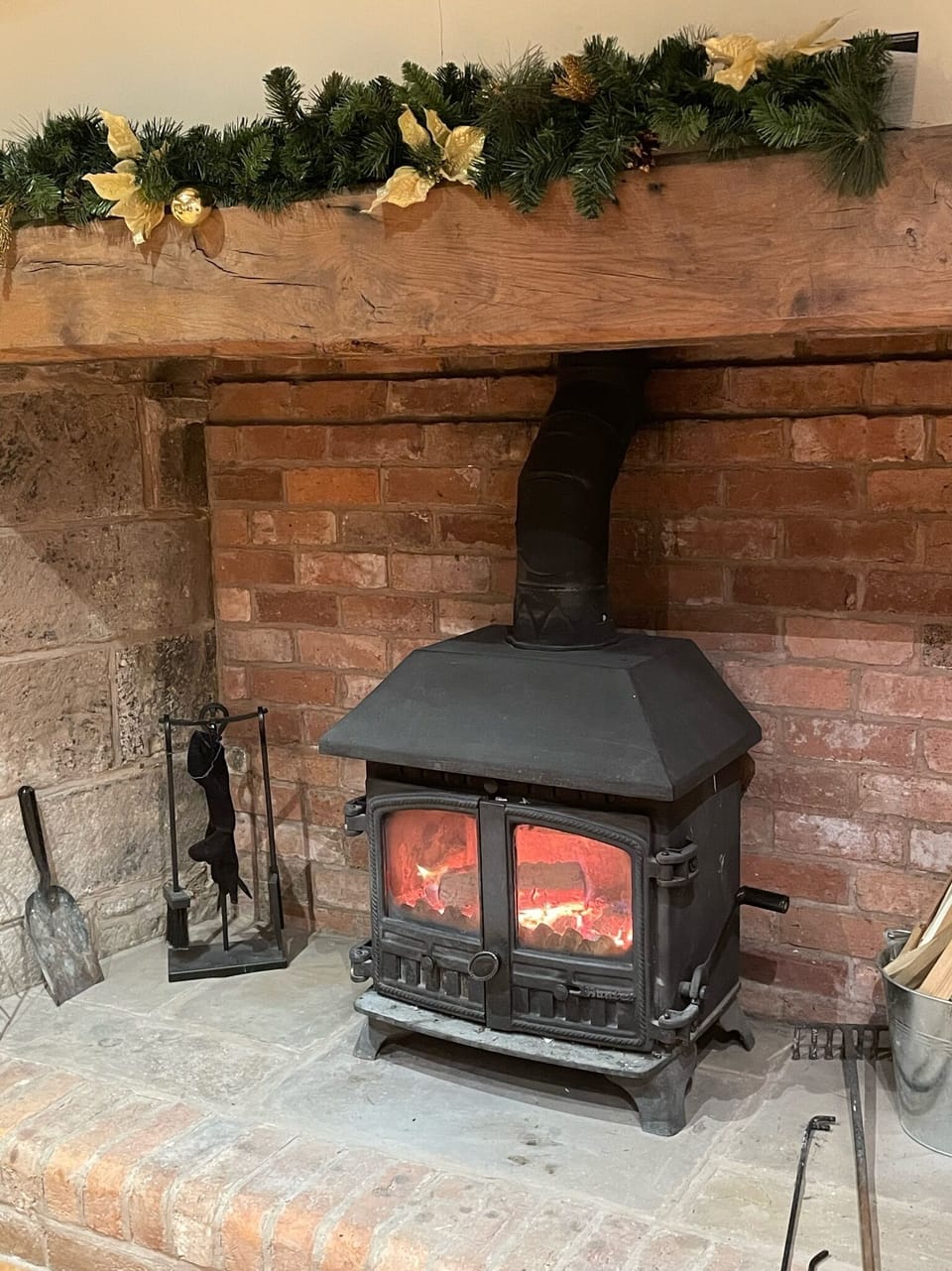 Log burner in the kitchen