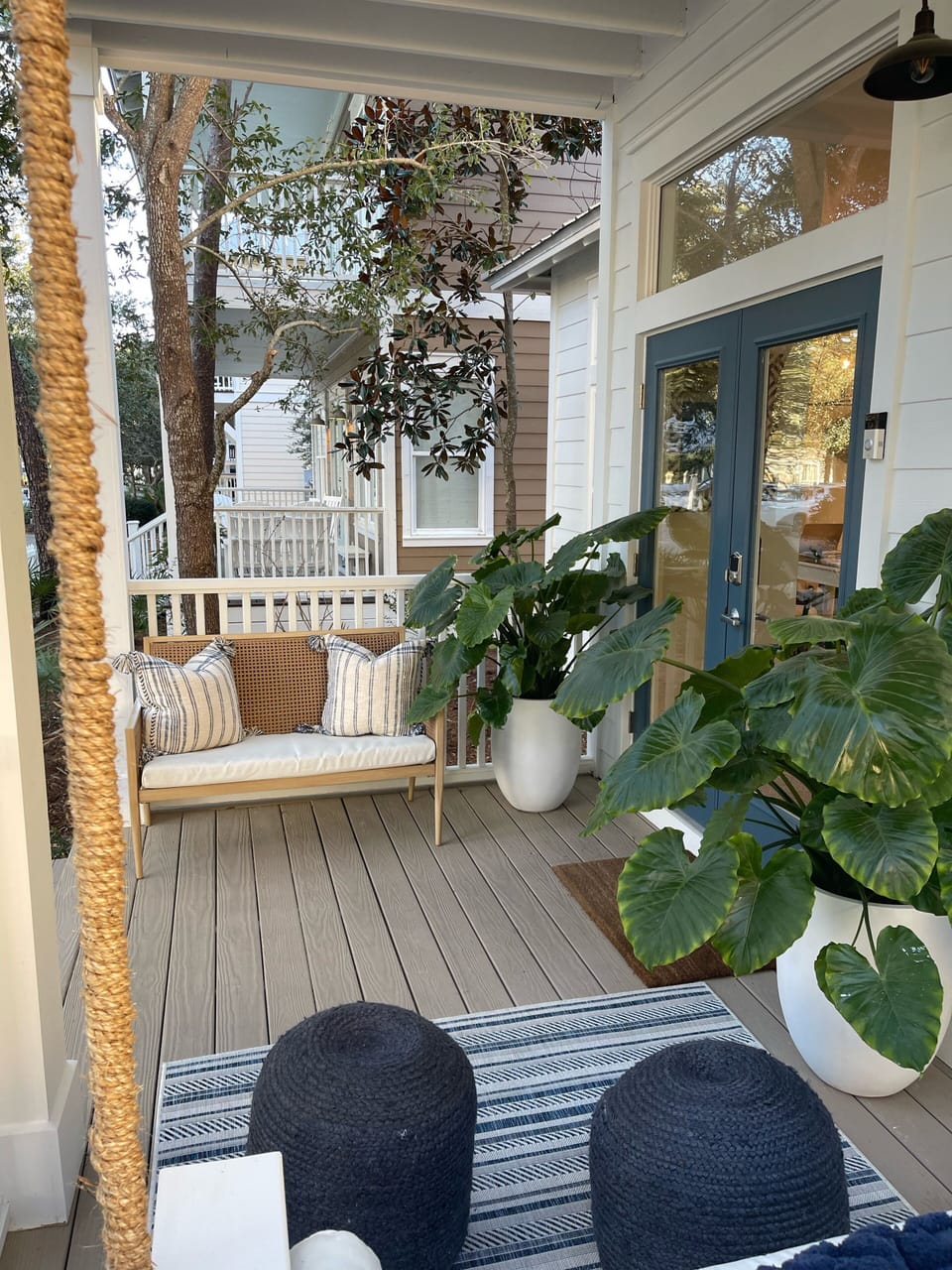 Front porch with bench and swing seating 