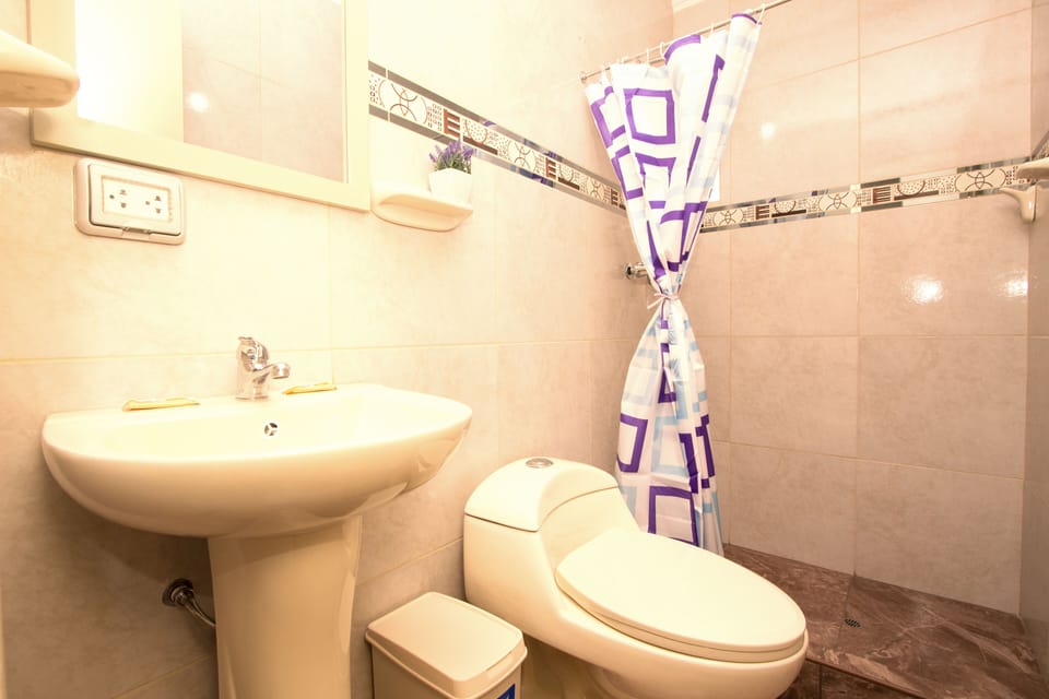 Shower, free toiletries, towels, soap