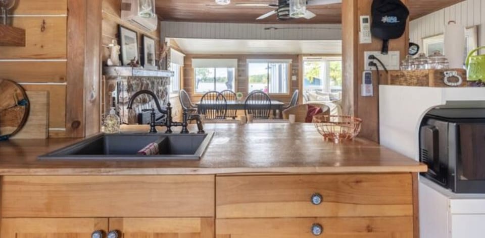 Kitchen overlooking dining area