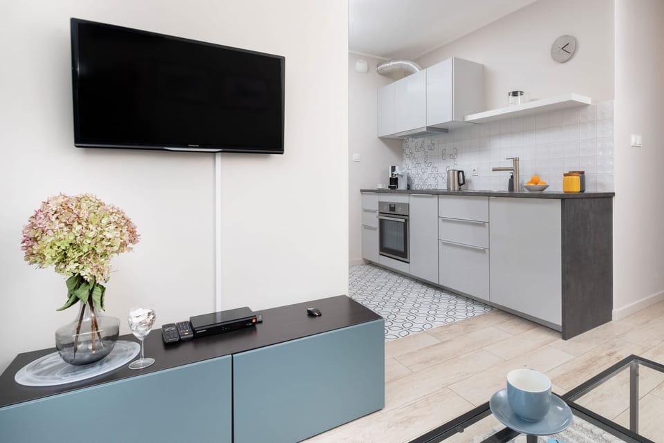 A living room with a flat-screen TV provides evening entertainment. The living room is functionally connected to the kitchenette.