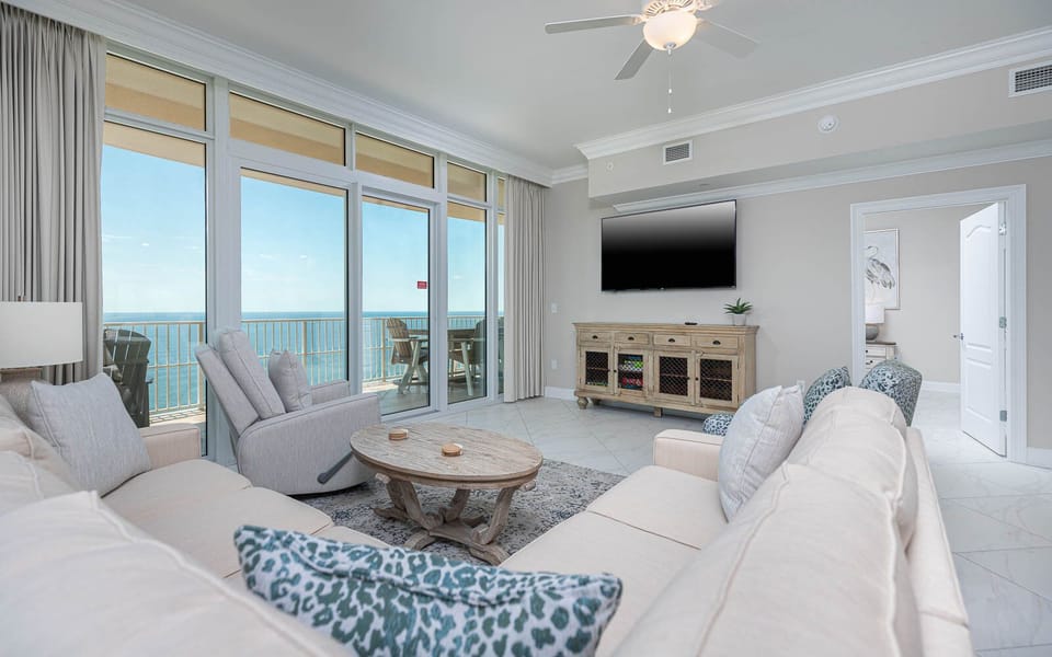 Relax on plush seating while enjoying sweeping views of the coast while streaming your favorite shows