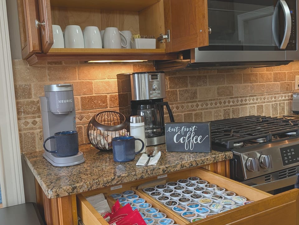 Coffee station ready for your mornings—just bring your favorite brew.