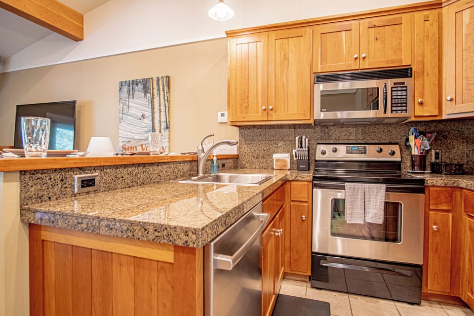 The kitchen is well-equipped for home cooking