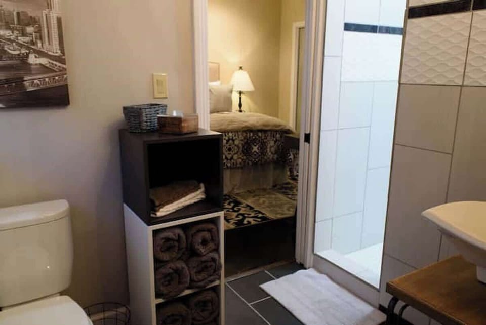 The Jack & Jill Bathroom has a large walk-in shower.