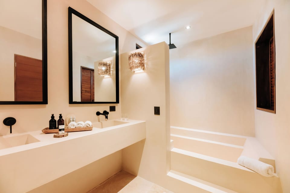 Eco-friendly toiletries, hair dryer, bathrobes, towels