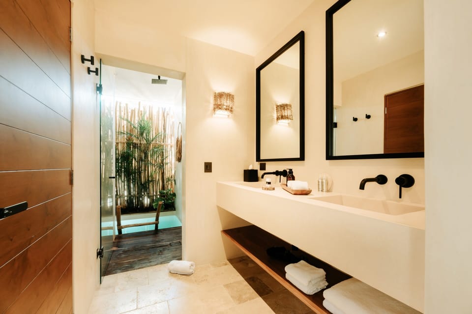 Eco-friendly toiletries, hair dryer, bathrobes, towels