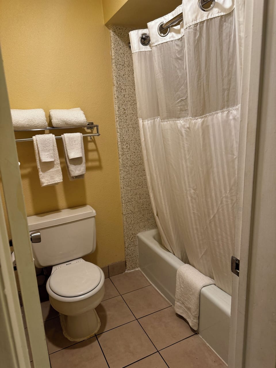 Combined shower/tub, free toiletries, hair dryer, towels
