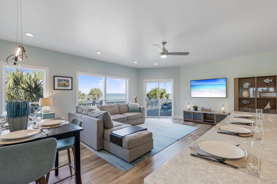 Open concept living with comfortable furnishings