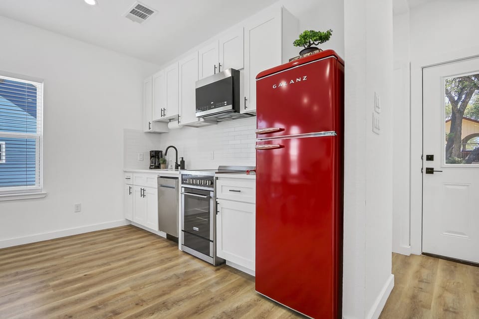 An added pop of color from the vintage style fridge