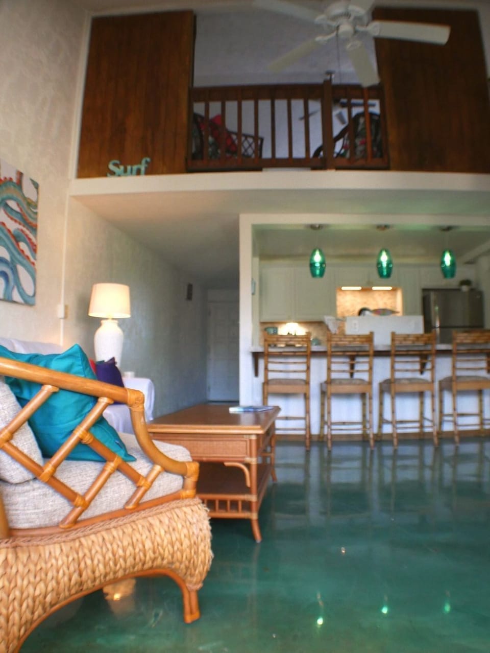 Living room with view of upstairs primary suite