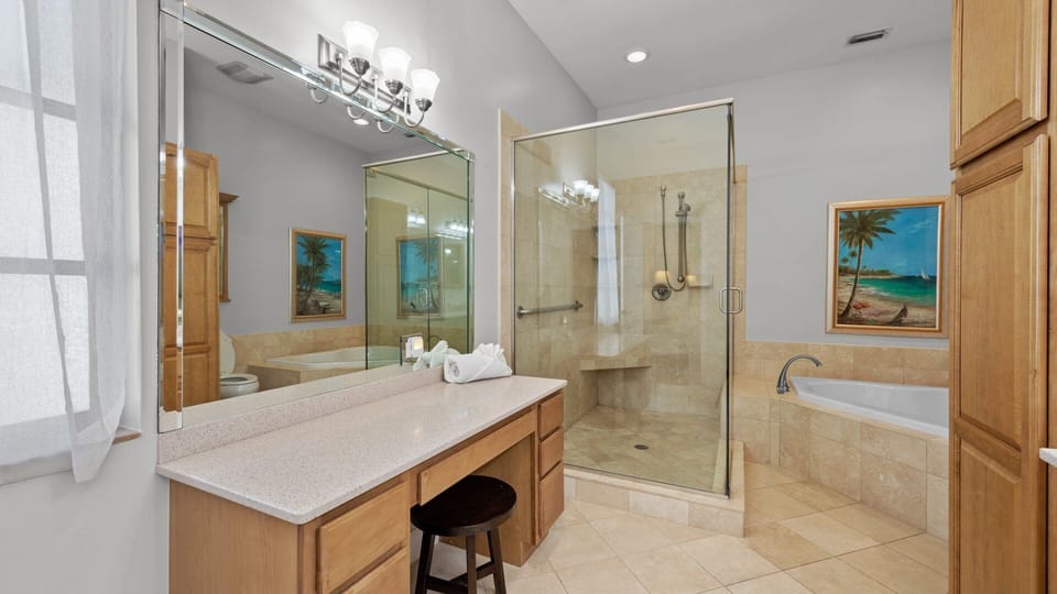 Master bath with walk in shower and vanity