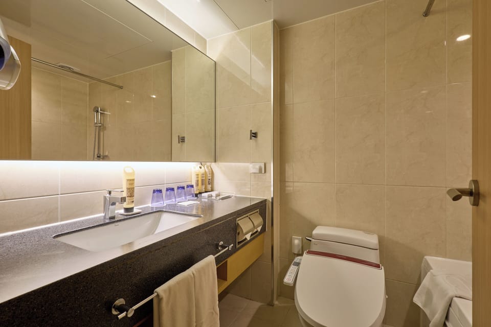 Combined shower/tub, deep soaking tub, free toiletries, hair dryer
