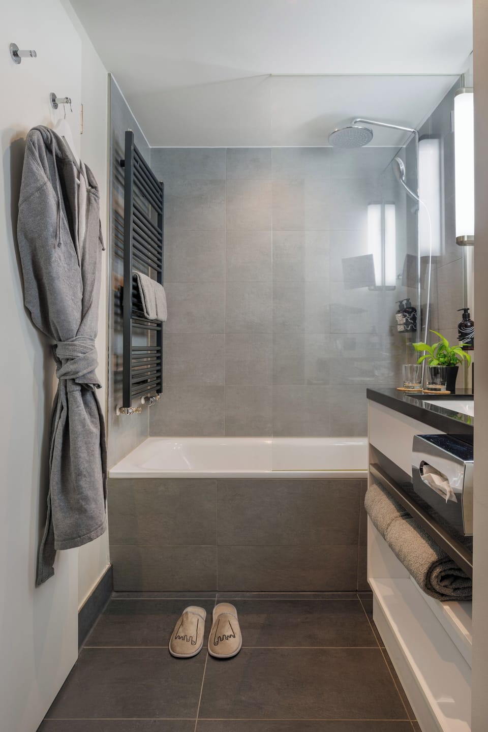 Shower, rainfall showerhead, hair dryer, towels