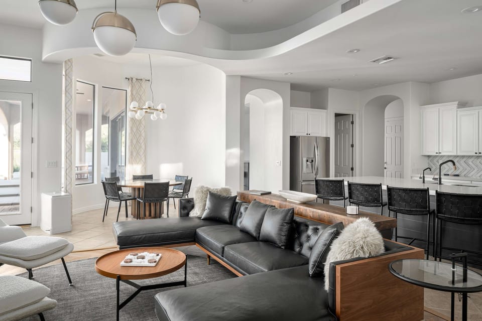 Open floor plan with kitchen, dining and living room as one. Perfect for your large groups of travel.