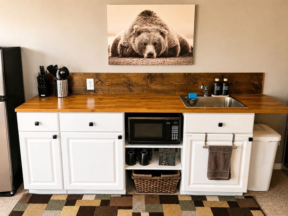 Toaster, 2-burner cooktop, & large toaster oven / air fryer in the cabinets. 